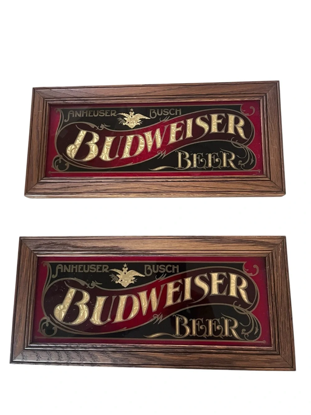 Rare 1975 Anheuser Busch BUDWEISER Beer HENSLEY Co. Wood Framed Glass Bar Sign